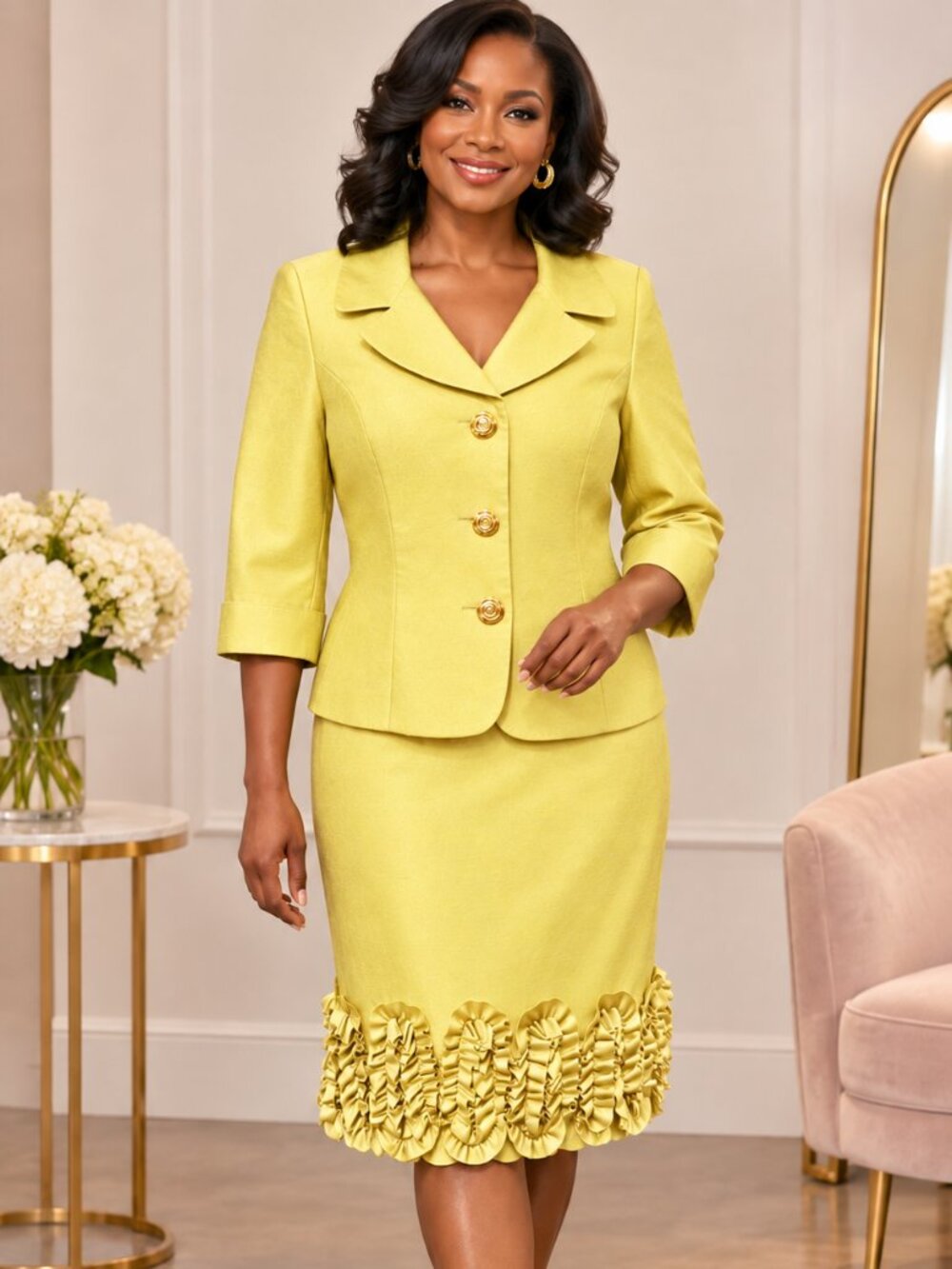 Nicolette Yellow Ruffle-Hem Skirt Suit
